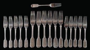 * 200-250 239 A Victorian silver fiddle pattern part flatware service, maker Samuel Hayne & Dudley Cater, London, 1845 initialled includes four table