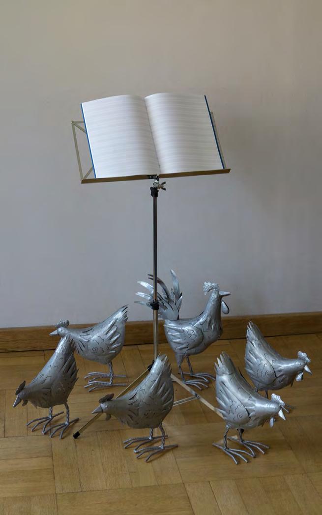 Choir, 2016 Installation Mixed media (5 metal hens,