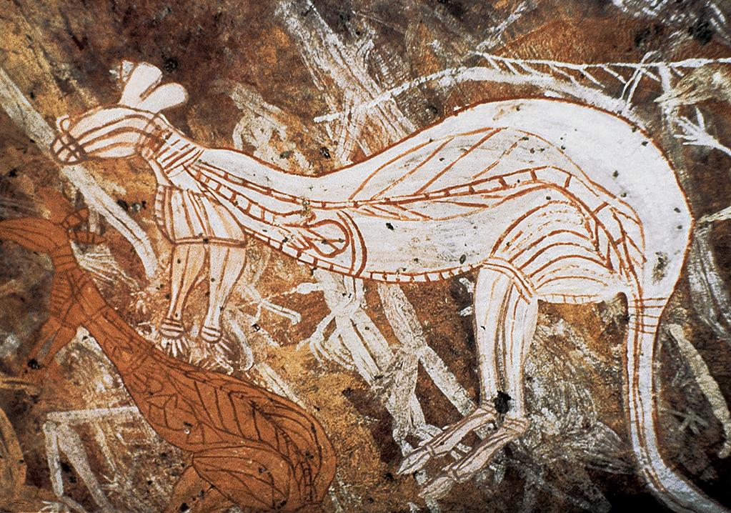 MIMIS AND KANGAROO Prehistoric: 18000-7000 BCE Oenpelli, Arnhem land, Australia Rock art: red and yellow ocher, white pipe clay X-ray style: shows bones and internal organs, including spinal column,