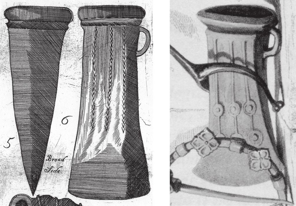 Two Bronze Age socketed axes from Tillicoultry 77 Illus 3 Socketed axeheads from (left) Aberdeenshire (in praefectura Abredoniensi) after Robert Sibbald 1710 and (right) the north of England after