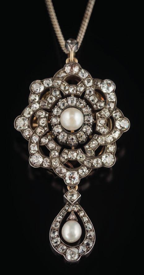 436 A late 19th century, gold, silver, pearl and diamond oval cluster pendant/ brooch of openwork design with central pearl and diamond cluster, suspending a pearl and diamond pear-shaped drop, the