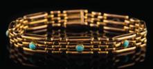 * 900-1100 403 A 19th century gold and turquoise mounted gate-link bracelet, each