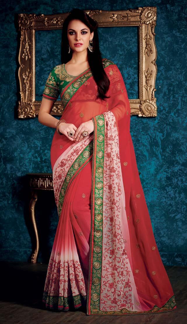 This sari is designd for just such a lady in shades of red and green with gold accents and
