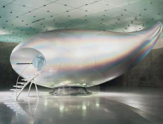Wave UFO, 1999 2002. Brainwave interface, vision dome, projector, computer system, and fiberglass, 194 x 446.5 x 207.875 in. Interior and exterior views.