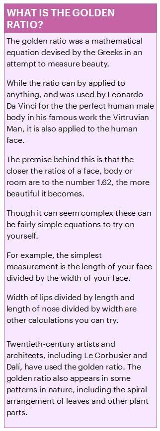 618 2 Length - the length of the lip end to end divided by the distance at the base of the nose = 1.618 3. Distance from Nose.