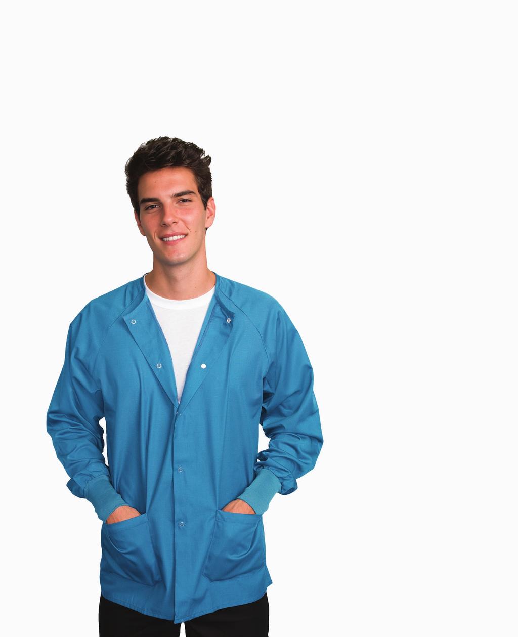 Collection Unisex Scrub Warm-Up Jacket Soft on both sides & delivers superior warmth Two roomy lower pockets to hold instruments Snap front closure Polyester = 65% and Cotton = 35% Style No.