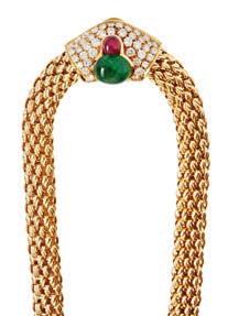 14 Lyon & Turnbull 28 HC8/46 A multi-gem set necklace the detachable central motif collet set with an oval emerald cabochon and a small ruby cabochon, in a surround pavé set with graduated round