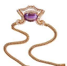 16 Lyon & Turnbull 34 HC8/109 An amethyst and diamond necklace claw set with an oval mixed cut amethyst in a scrolling surround set with round brilliant, marquise, baguette and heart shaped diamonds,