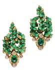 22cts 300-500 163 HC8/45 A pair of emerald and diamond set pendant earrings each set with a central oval emerald cabochon in a part border of round brilliant cut diamonds, with four further collet