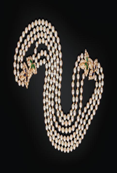Select Jewellery & Watches 65 175 A cultured pearl, diamond, sapphire and emerald necklace composed of three graduated stands of uniform cultured pearls and small hooped spacers, the clasp and