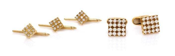 Sale 421 Lot 98 An 18 Karat Yellow Gold and Diamond Dress Set, Van Cleef & Arpels, consisting of a pair of square form cufflinks containing 32 round brilliant cut diamonds weighing approximately 1.