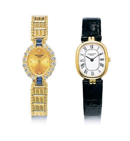 2096 2096 PATEK PHILIPPE A SET OF TWO LADY'S YELLOW GOLD WITH SAPPHIRE-SET AND DIAMOND, AND YELLOW GOLD WRISTWATCHES LEFT: REF. 4754/001, MOVEMENT NO.