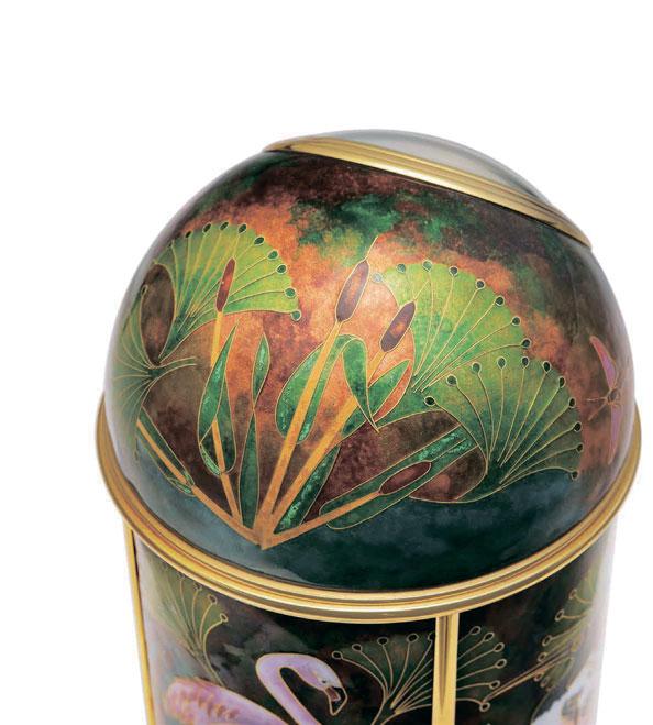 2079 PATEK PHILIPPE AN EXTREMELY RARE AND FINE GOLD PLATED AND ENAMEL "EXOTIC BIRDS"DOME TABLE CLOCK WITH SOLAR ENERGY RESERVE, UNIQUE PIECE REF.1379, MOVEMENT NO.