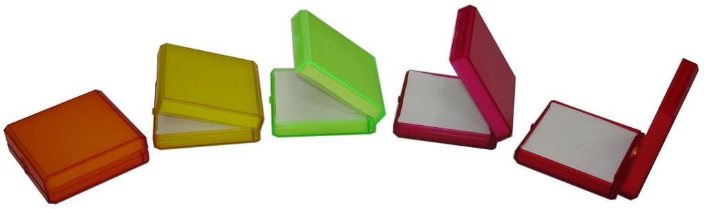 foam insert in top and bottom; Available in transparent: red, pink, orange,