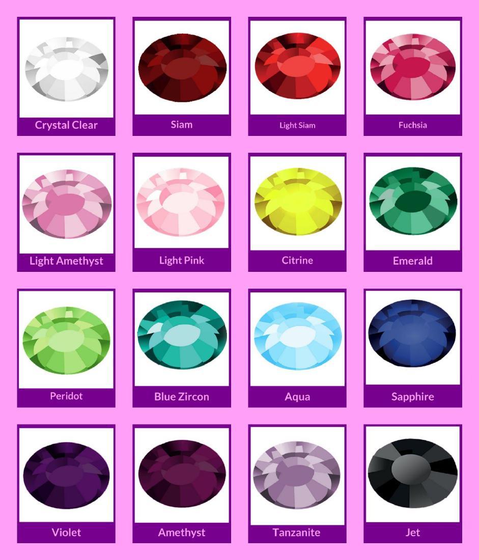 We realize it is difficult to tell what each crystal color will look like on certain fabrics. Please refer to our Instagram to see a lot of different crystal color and fabric combinations.