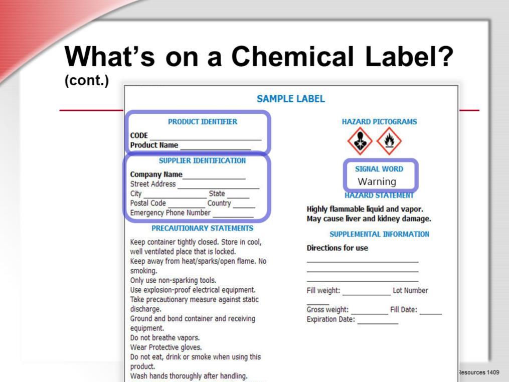 The chemical label must contain both a product identifier for the chemical and supplier identification information.