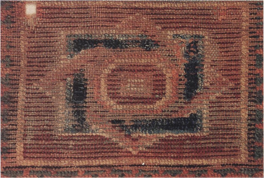 The technique represented here is not the true knotted-pile weaving of Oriental carpets but the cut-loop technique seen in some Egyptian weavings going back to dynastic times.