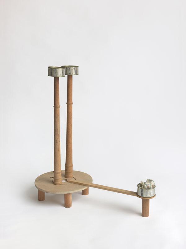 B. Wurtz, Untitled (cans with pier), 1989. Wood, tin, cans, cloth. 26 1/4 25 1/4 12 inches. Rail: Did that feel in conflict with your surroundings when you were studying at CalArts in the late 70s?