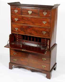 George III mahogany chest on chest, with a fall front secretaire fitted drawer, 110cm wide,
