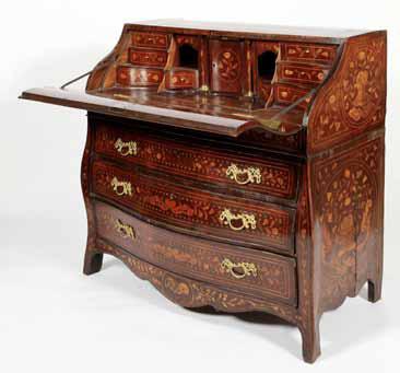 Lot 282 282 18th Century Dutch marquetry mahogany bombe shaped bureau, fall front revealing a fitted