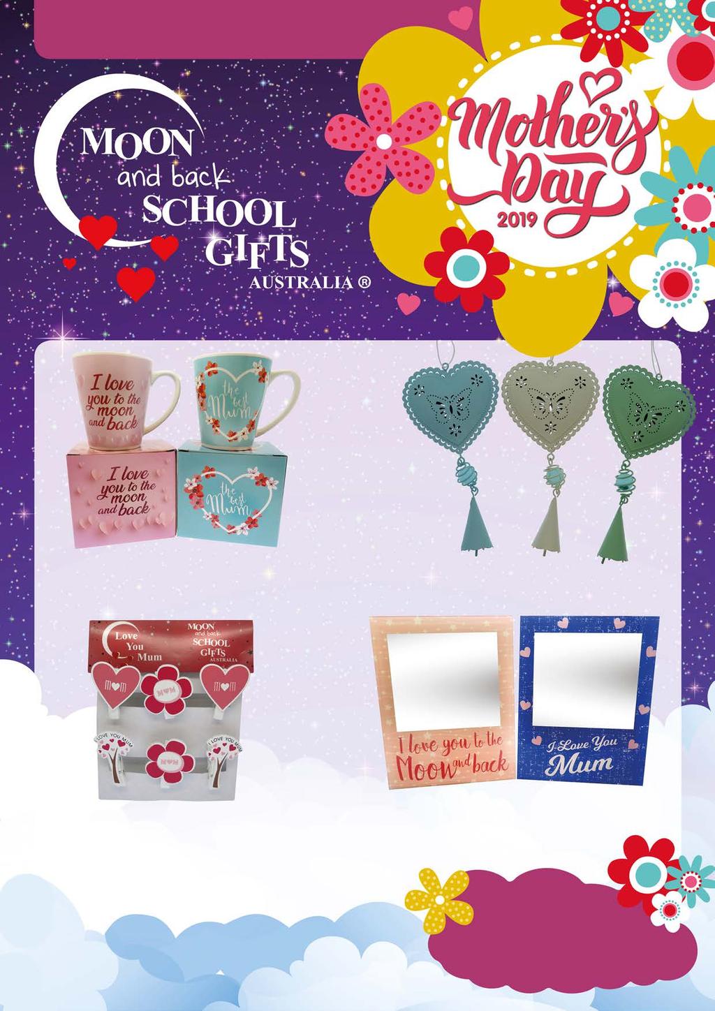 SALES START NOW! ALL PRICES INCLUDE GST MUG IN MATCHING GIFT BOX MD1901 Two designs. $ 2.10 $ 2.80 METAL WIND CHIME MD1902 Three colours. (25cm x 9cm) Cello bag. PEGS 6 PACK MD1903 Peg size 4.5cm. Pack size (14cm x 10cm).