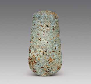 A jade axe (07M23:162) is made of grayish-white tremolite with green and yellowish-brown spots. The surface is smooth and shining, and the shoulders bear notches. The whole object measures 22.
