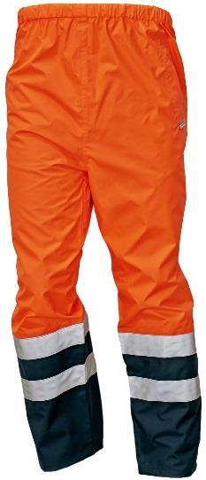 polyester with 100% PU coating. Quality 195 gr/m². Waterproof class 3. Hi-Vis pants without lining. Taped seams. 3M Scotchlite reflective tape. Breathability class 1.