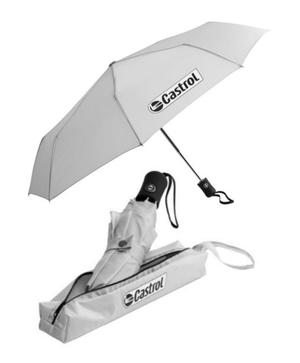 UMBRELLA (COMPACT) Compact polyester umbrella in silver with the Castrol logo printed to 1 panel in black and white.