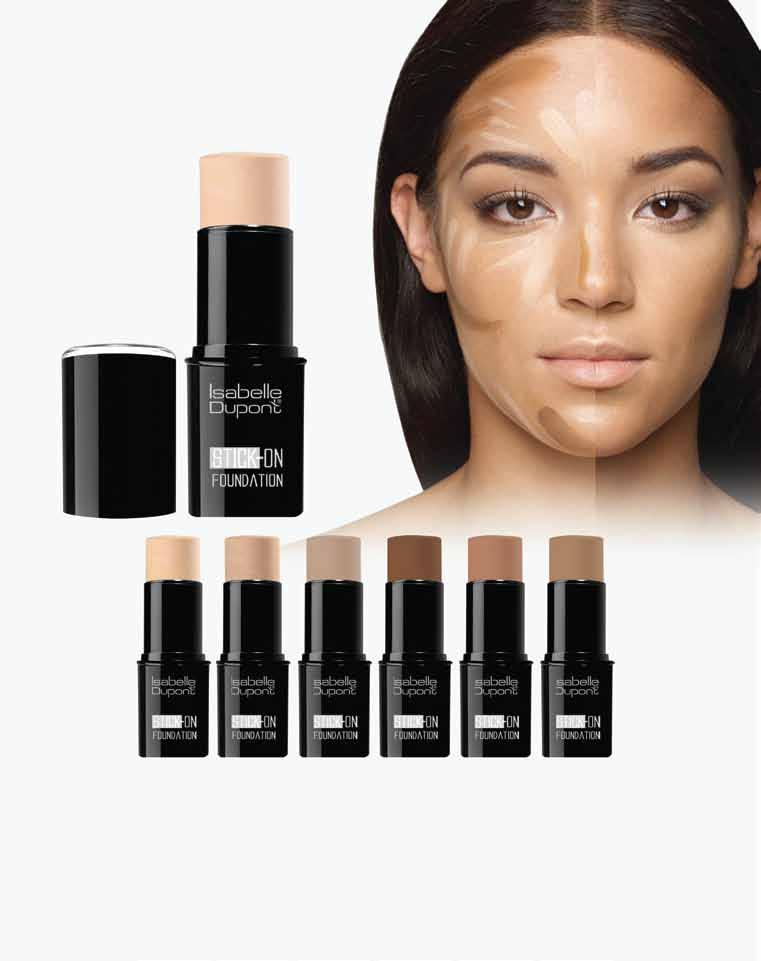 FACE SF17 LIGHT CACAO SF18 CINNAMON SF19 CHOCOLATE SF13 IVORY SF12 MEDIUM SF11 NATURAL STICK-ON FOUNDATION It is designed to quickly and precisely apply all-over coverage, daily touch ups or