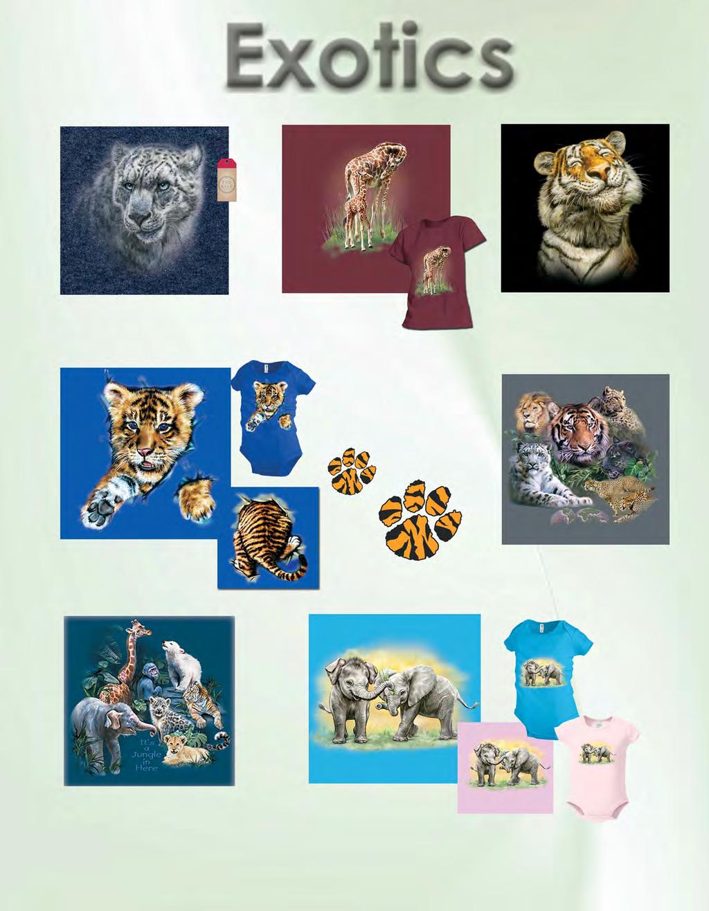 Exotics Hang Tag Snow Leopard Totem TOSN (AT) Navy Heather Mother and Baby MBAB (WMT) Burgundy Smiling Tiger SMTI (AT, YT) Ask Us About Your Custom EXOTIC DESIGNS Front Pushing Through PUSH (YTFB,