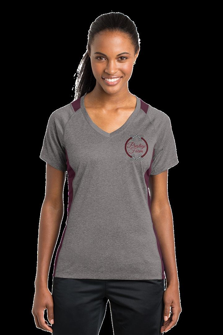 NEW Sport-Tek Ladies Heather Colorblock Contender V-Neck Tee. LST361 Extra color at the neck and sides with exceptional breathability, moisture- wicking performance and value. 3.