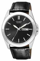 00 BF0580-06E BF0580-06E Gents Citizen Quartz round stainless steel case with black leather strap. Black dial with day/date.