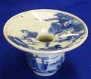 (possibly Japanese) circular porcelain Spittoon hand decorated in underglaze blue with various figures within country surroundings to the main body and a lone figure within a courtyard to the top,
