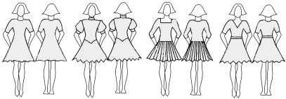 B. Sleeves allowed cuts, others-na C. Skirts: - plain or pleated, made of minimum 1 to maximum 3 half circles - OA, - one simple circular underskirt allowed, bigger underskirt - NA.