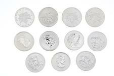 3511 BULLION: [51] Assorted date $5 Silver Canadian coins, 1 troy ounce each;.