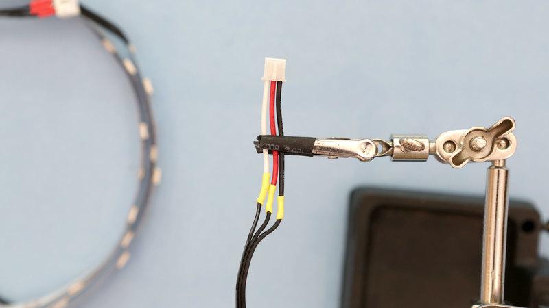 A second cable, 2in (5cm) long is connected to the end of the strip with the data out connection. This second cable features a male JST PH 3-pin connector.