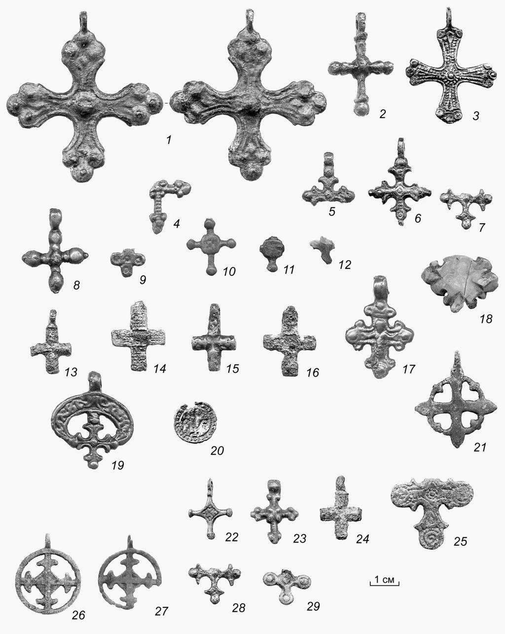 Figure 6. Cross-pendants and pendants with the image of the cross from the cultural deposits and burials of the Minino sites. 1 11, 13 17, 19 29 metal 12 horn; 18 amber.