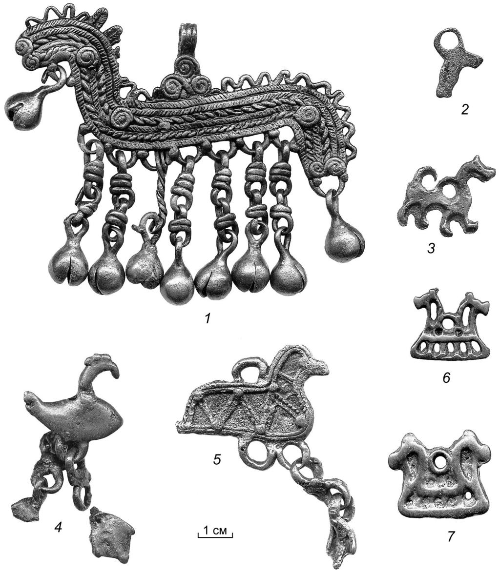 Villages in the forest Figure 4. Zoomorphic pendants from Minino the cultural deposits of the Minino dwelling sites. 1 7 metal; 1 6 Minino I dwelling site; 7 Minino VI dwelling site.