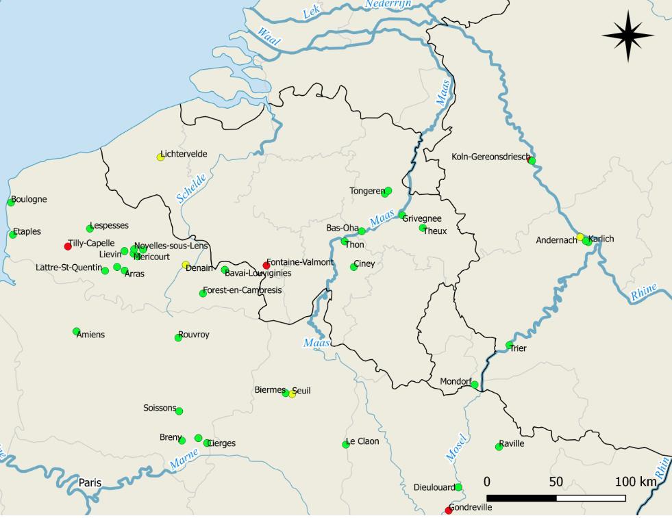 Figure 10: A map based on the data from the study Van Doorselaer (1967) of the Period III cemeteries, marked by the green dots, on a scale of 1:1.298.430.