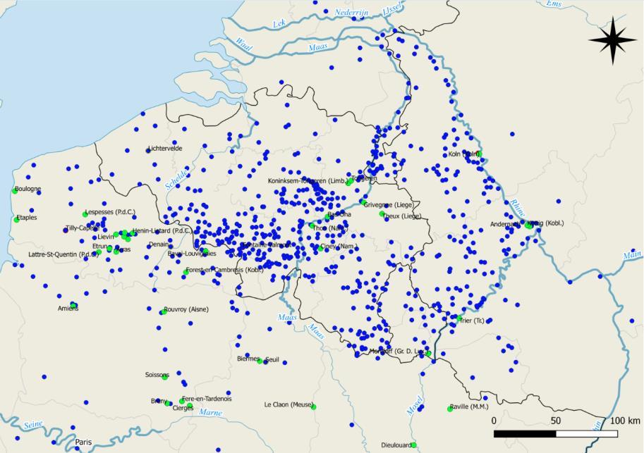 Figure 12: Above a map based on the index data from Van Doorselaer (1967), with the period III cemeteries marked by the green dots and below a map after Van Doorselaer (1967) that showed Roman