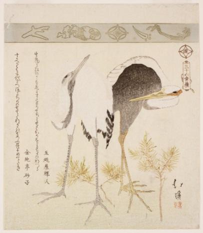 Totoya Hokkei, Japanese, 1780-1850 Cranes and young pines (Komatsu ni tsuru), ca. 1820 with embossing and metallic embellishment Gift of Mrs. John D.