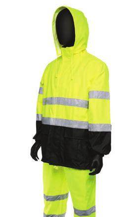 RAINWEAR 450/450SE Hi-Viz Color Block Rain Suit - Jacket: 2 front flap pockets with hook & loop closures; Hidden phone pocket on chest under storm flap - Bibs: Adjustable elastic