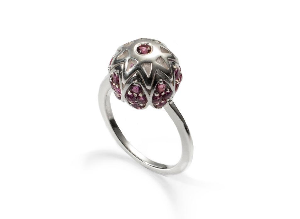 Sterling Silver Bead Shaped Ring with Ruby Stones