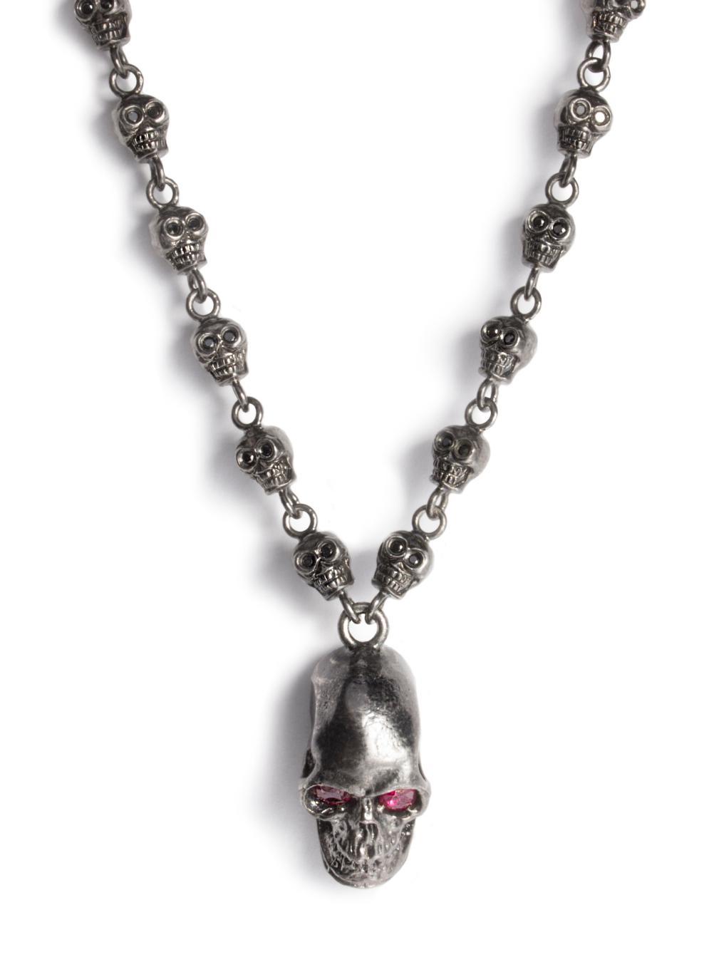 Sterling Silver Skulls Blackened Necklace with Rubies &