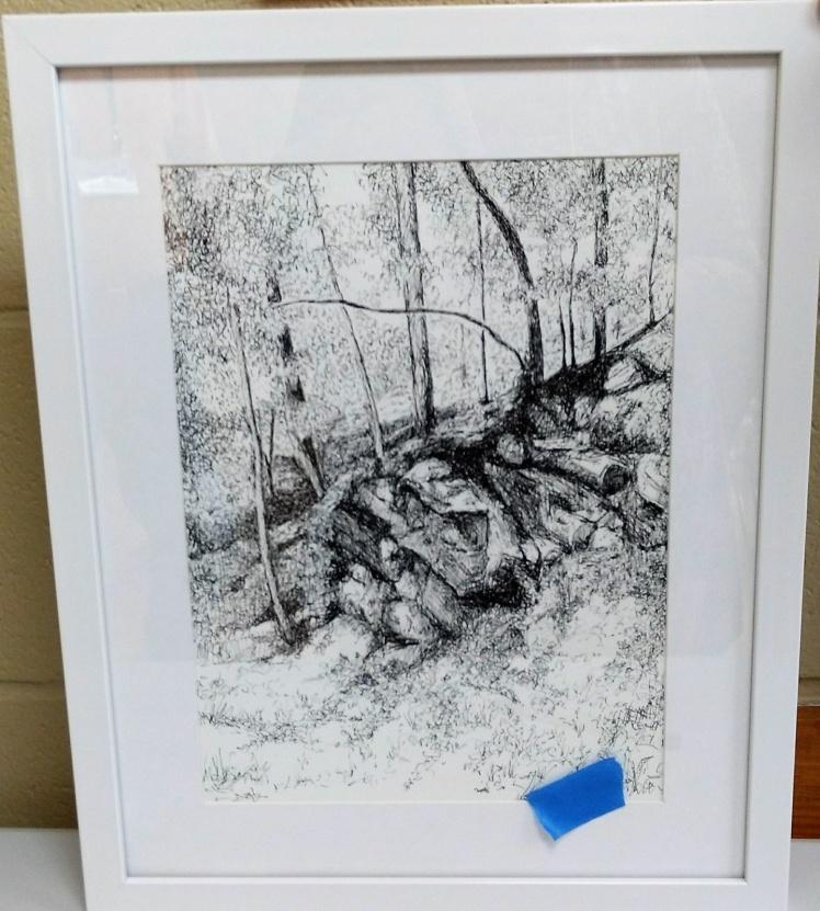 Hobby Lobby gift card won by David Blankenship. Painting of the Month-April June Lamoureux ''Tumbling Rocks' Pen and Ink June says it's easy.
