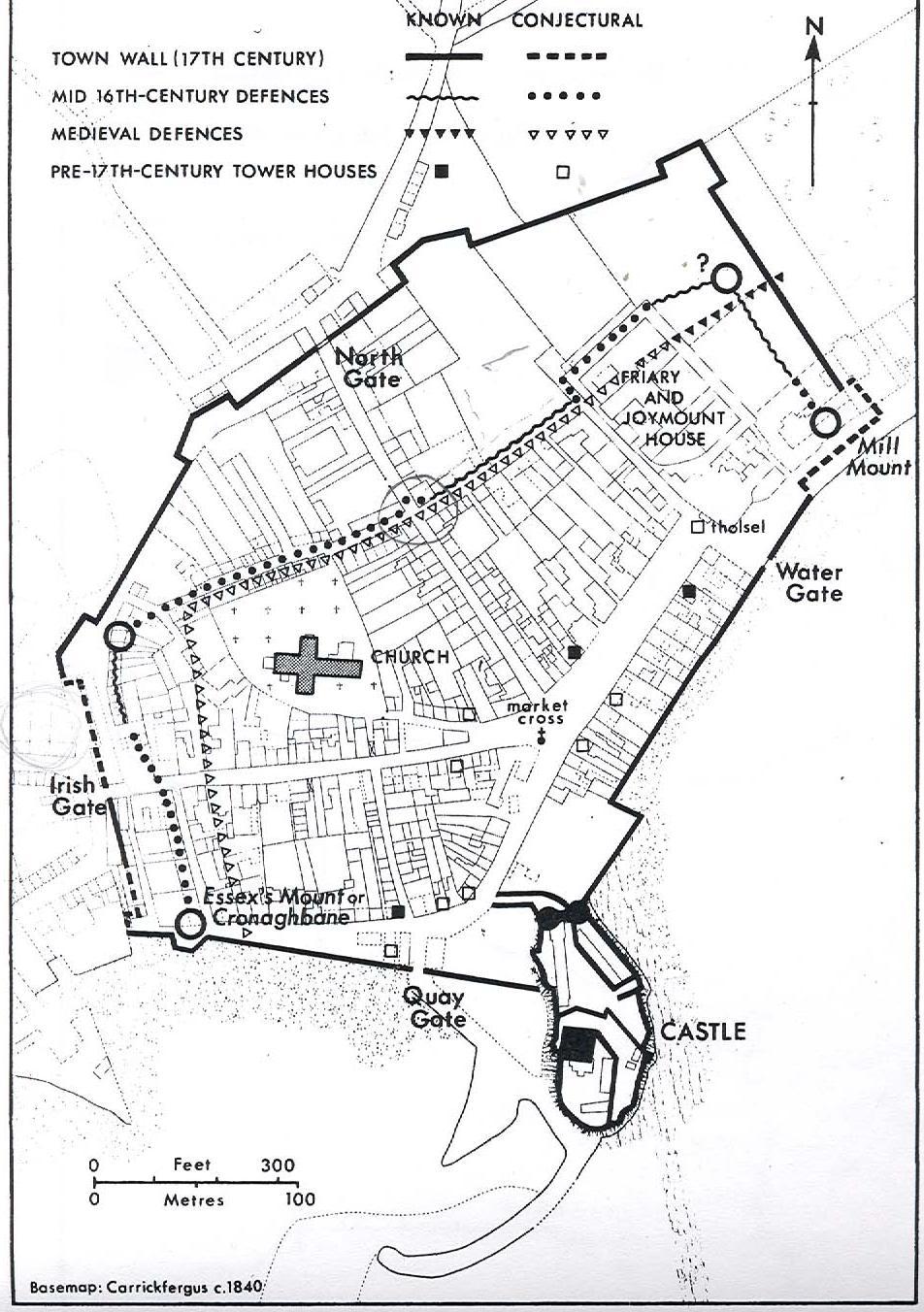 Figure 6. Lesley Simpson s map of Carrickfergus with the conjectural line of the Medieval and Tudor-period defences marked on it (Robinson 1986, 3, Figure 1). 2.