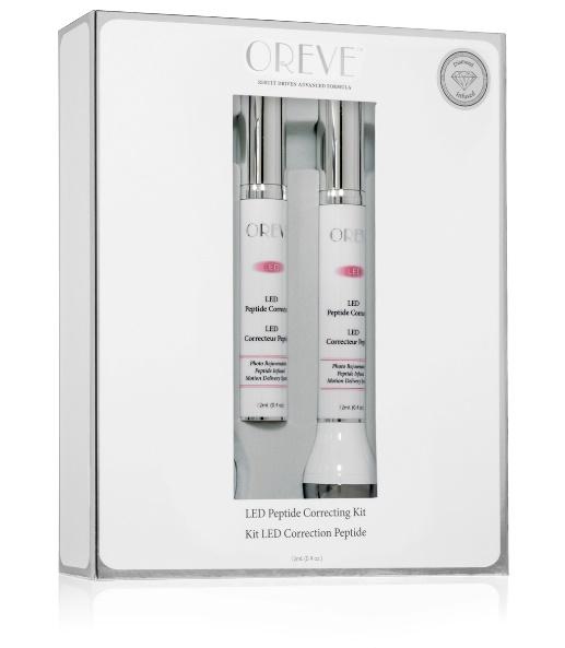 OREVE DIAMOND INFUSED LED PEPTIDE CORRECTING KIT Nano-technology photo rejuvenation Peptide infused with motion delivery system Helps to plump up aging skin by boosting collagen production and