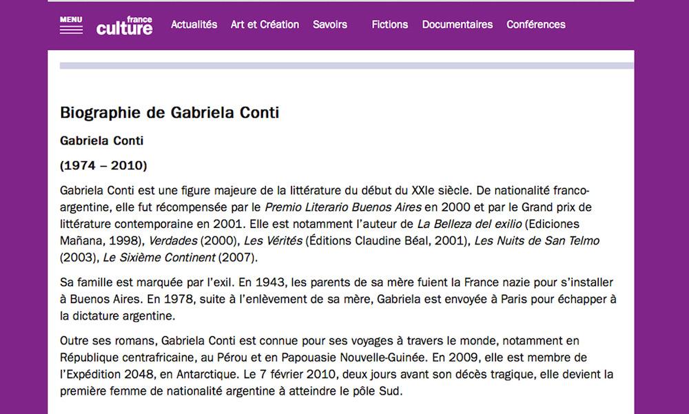 Biography of Gabriela Conti Online micro-narratives In complicty with France Culture (France s number one Cultural radio station) By developing the hagiography of an nonexistent person, The Polar