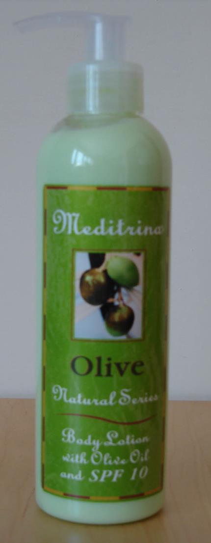 MEDITRINA Olive Oil Body Lotion formula contains 100% Olive Oil, Vitamin A and E - with a fresh and light texture.