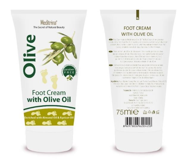 Olive Oil Foot Cream Foot Cream made by Mediterranean Olive Oil. This Foot Cream of new generation is produced by Extra Virgin Olive Oil.